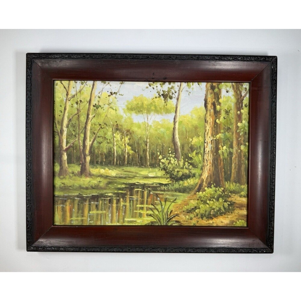 Vintage Woodland Forest Oil Painting‎ With Pond From Spain 19x15 Cottage Core